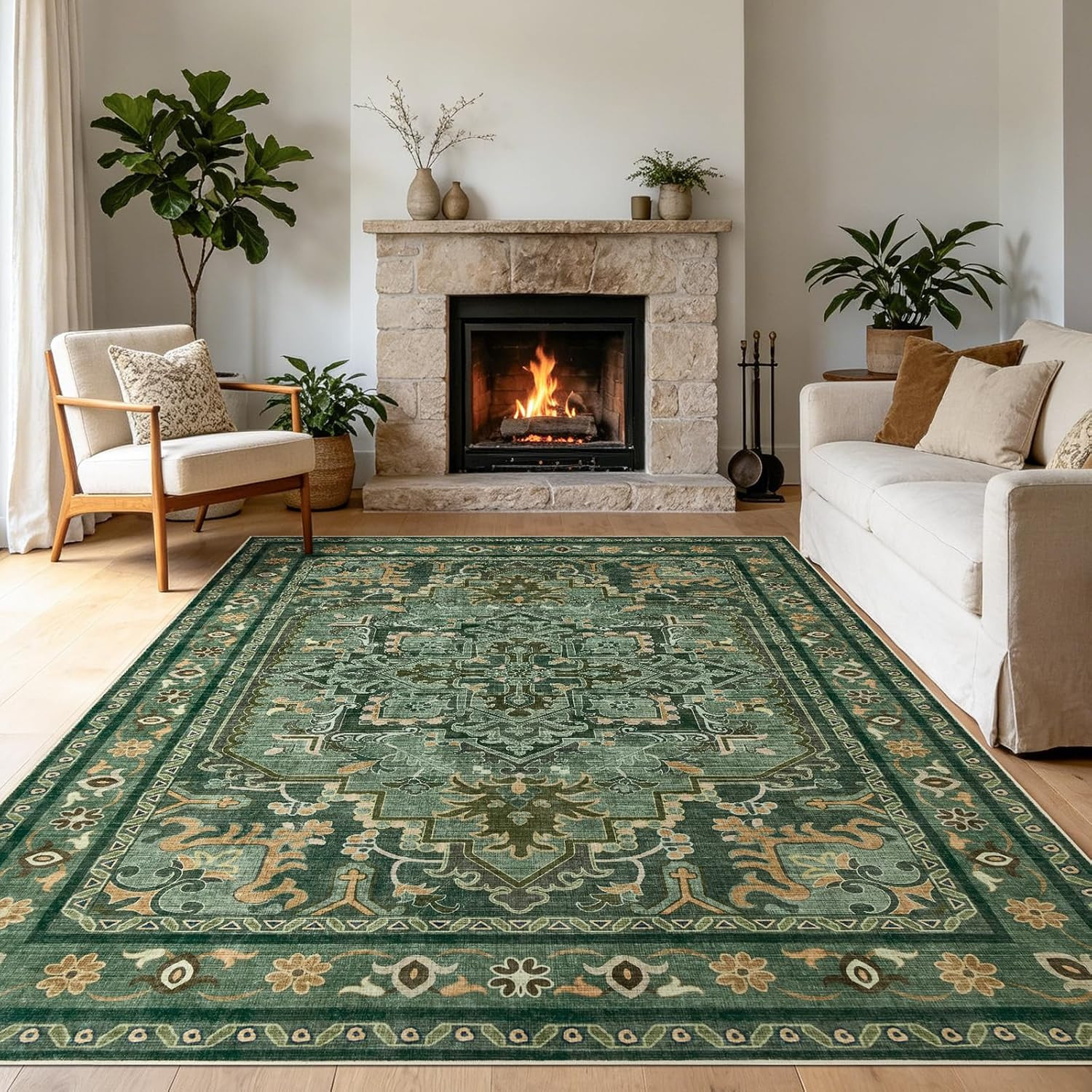 Vintage 8X10 Area Rugs for Living Room, Dark Green Large Washable Rugs for Bedro