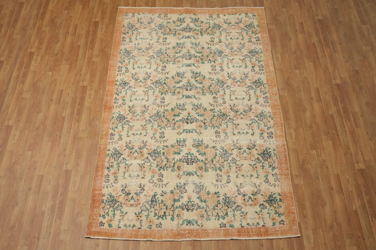 Distressed 6×9 Vintage Anatolian Hand-Knotted Wool Area Rug in Oranges & Ivory