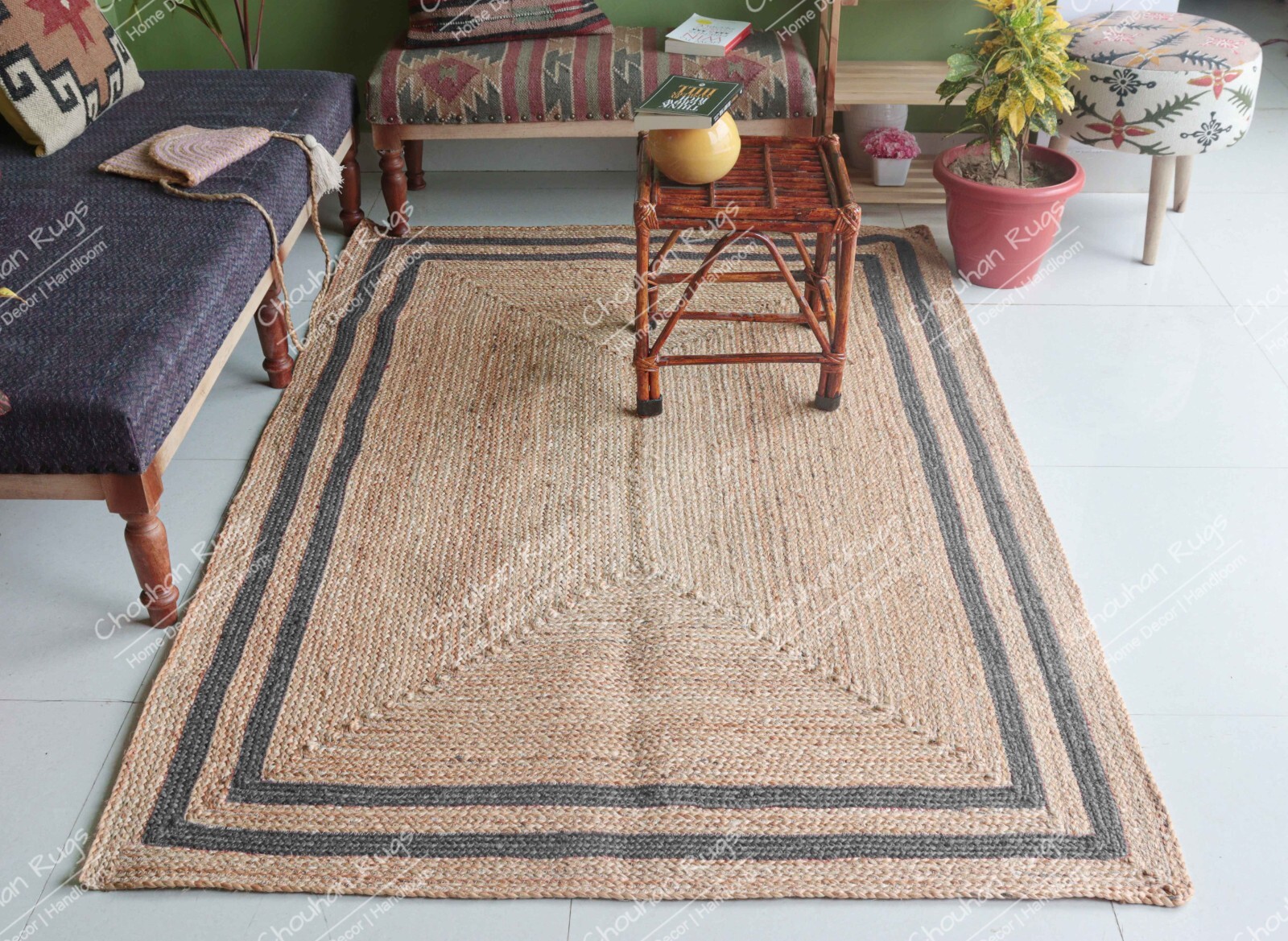 Natural Hand Braided Jute Rug Beige & Lite Gray Double Border Kitchen Area Rugs