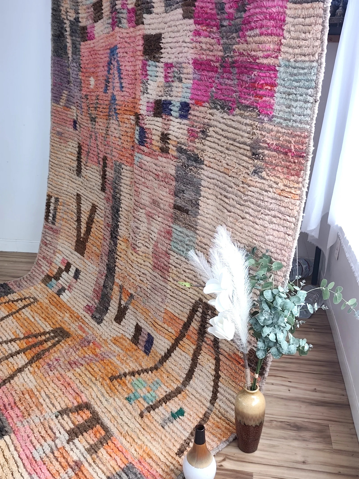 Handmade Moroccan Boujaad Rug 9’7″ x 6’9″ Rose Clay Patchwork Wool Rug