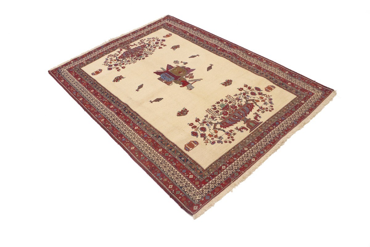 Sumak Pictorial Floral Tribal Style Oriental Rug Flat-Weave Wool Carpet 4’6X6 ft
