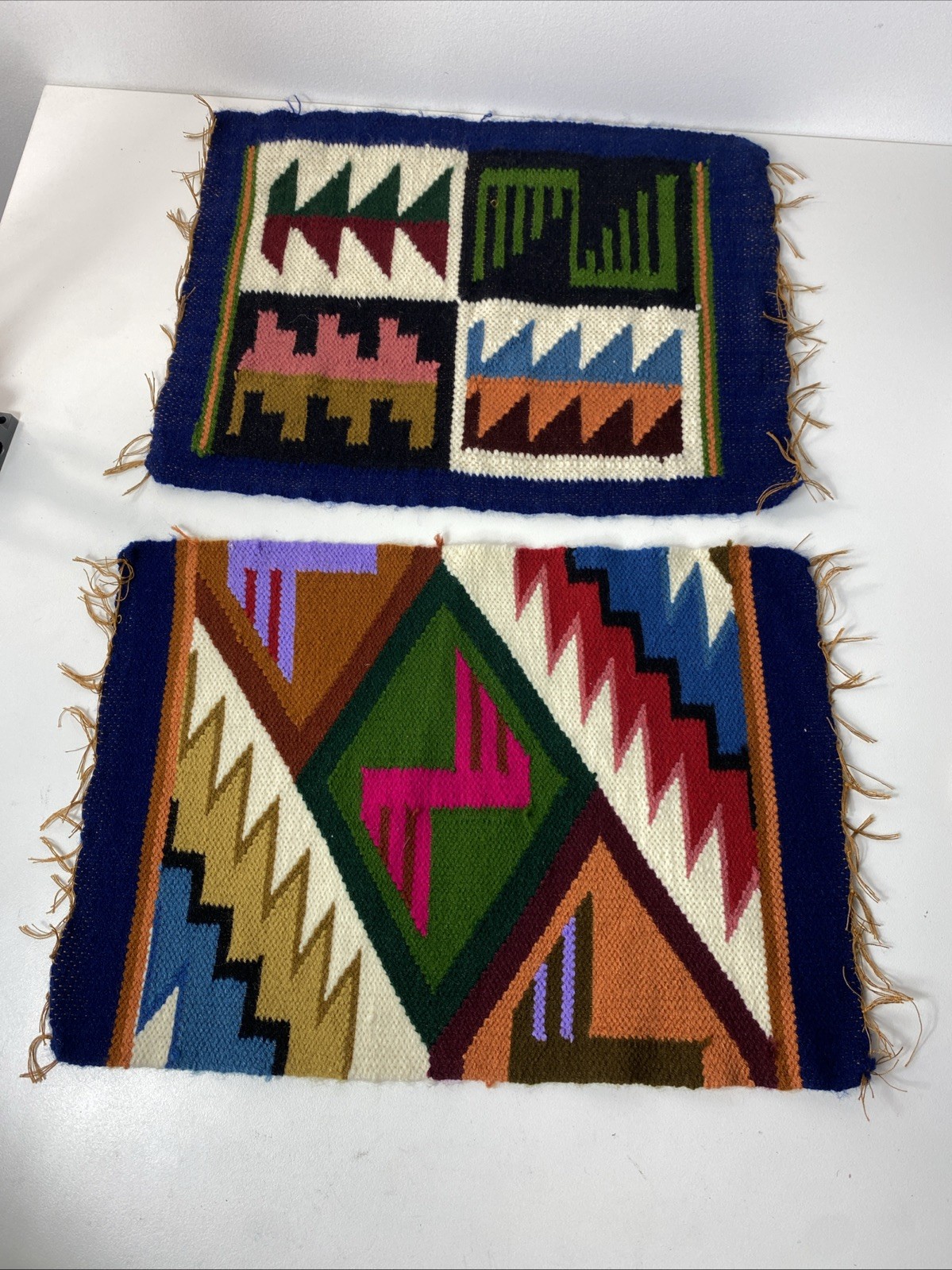 Set of 2 Vintage 11″ x 16″ Peruvian Woven Mini Rug Boho Southwestern Decor
