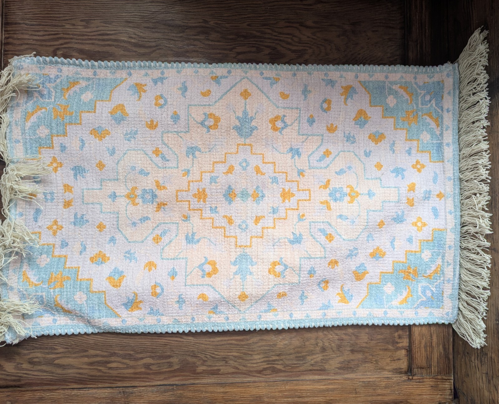 ANTHROPOLOGIE Boho 21″ by 43″ Area RUG Fringed Yellow Teal Cream Blue