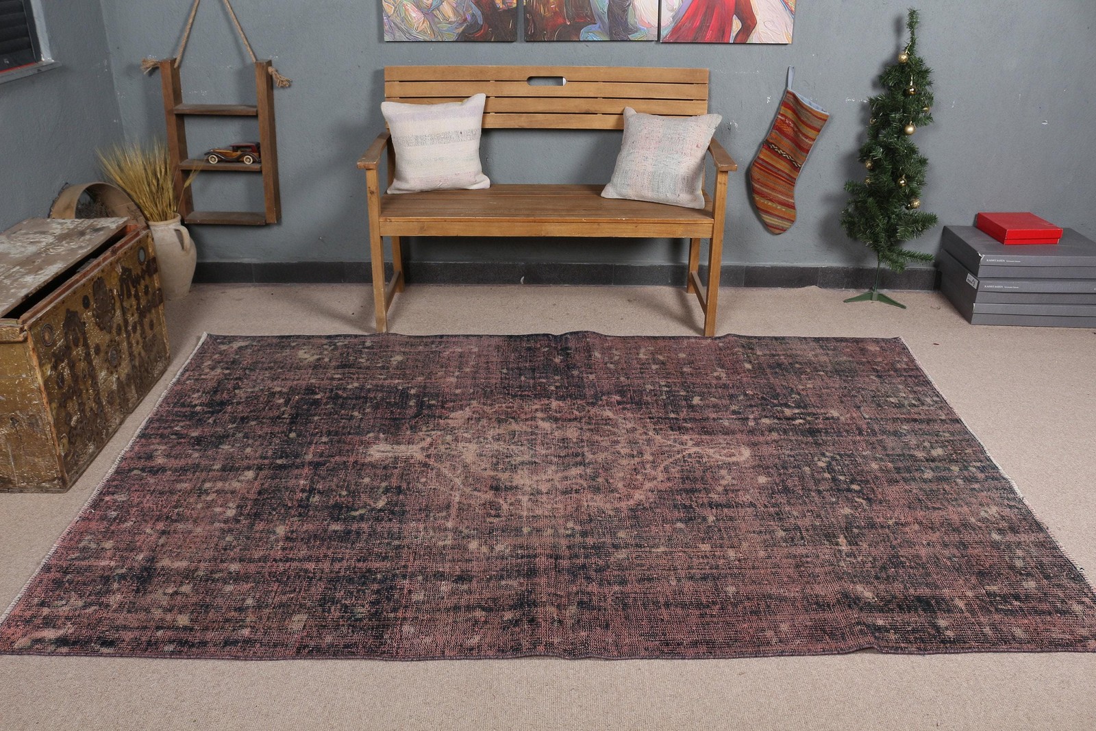 5,3×8,2 ft Rug, Turkish Vintage Large Rug, Red Wool Rug