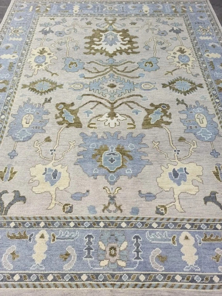 Hand-Knotted Oushak Area Rug Muted Blue Gray Floral Carpet 8×10