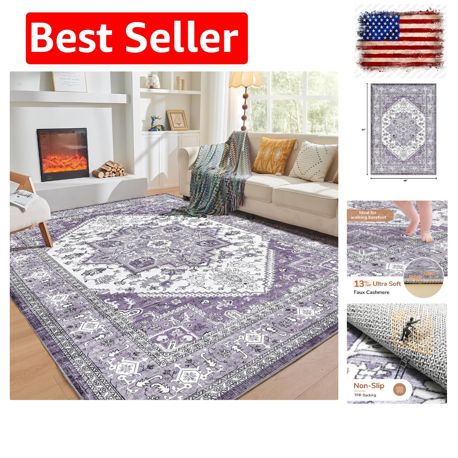Soft Area Rugs 5×7, 5×7 Washable Rug with Non Slip Backing, 5 x 7 Faux Cashme…