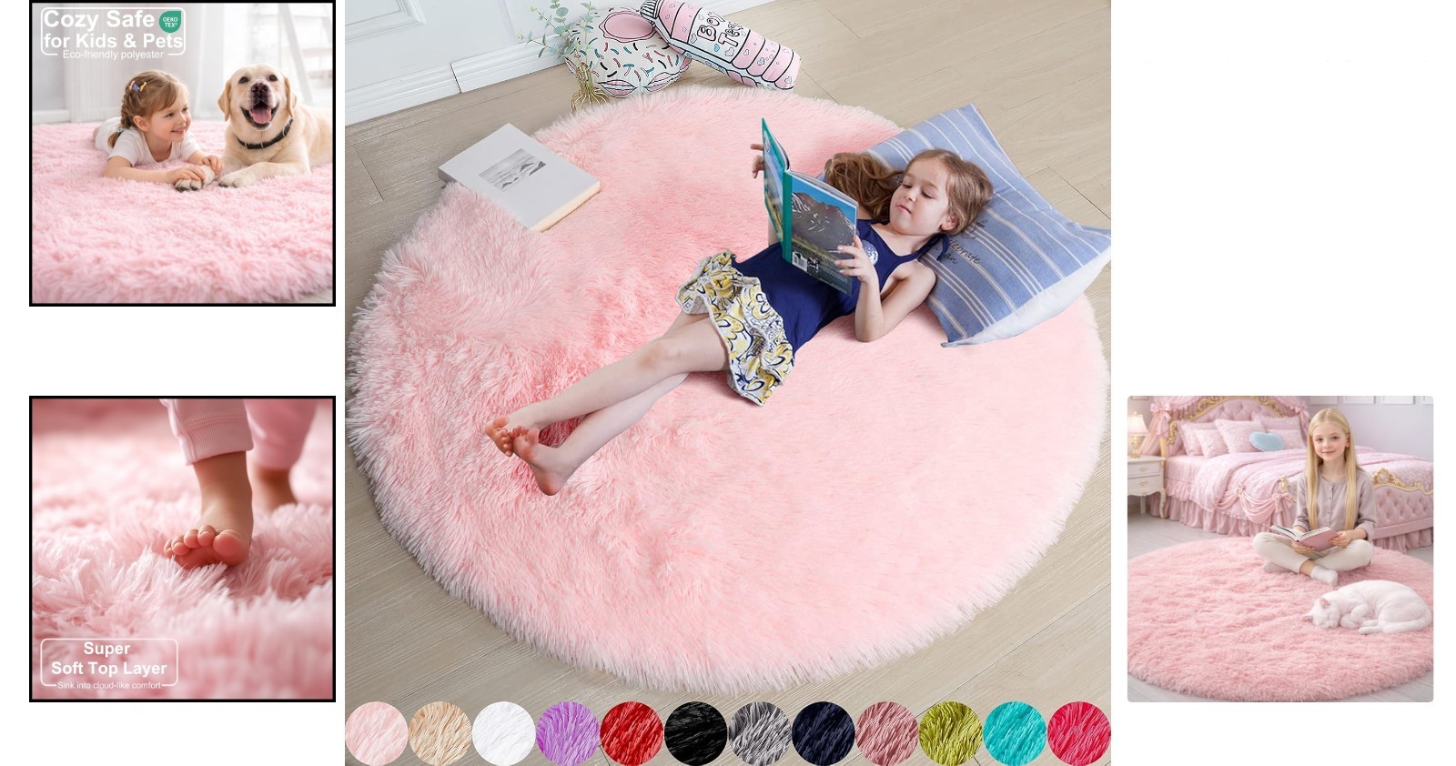 Elegant Light Pink 4Ft Round Fluffy Rug for Girls Bedroom & Nursery Decor