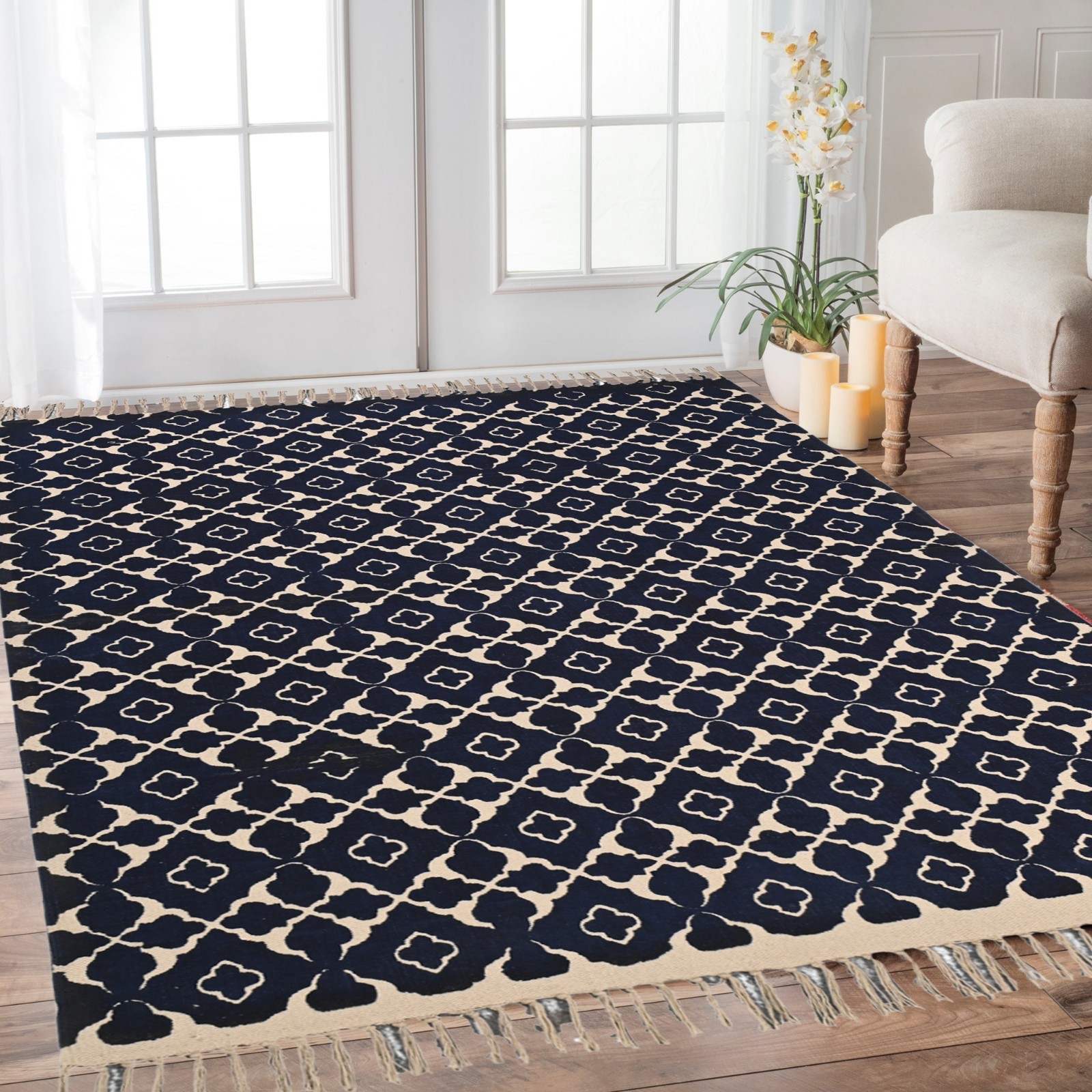 Hand Block Printed Cotton Area Rug Navy Blue Moroccan Trellis Boho 4×6 Rug
