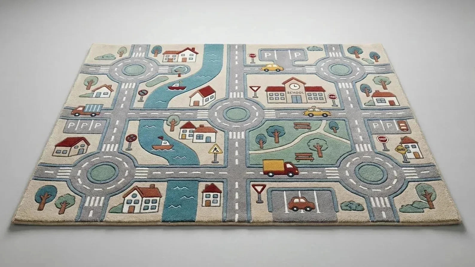 Kids City Road Play Rug | Hand Tufted Wool Playmat | Educational Car Track Rug