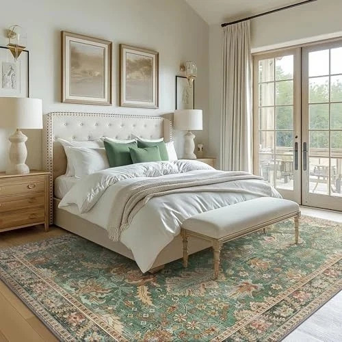 Washable Area Rugs 8×10 Green Boho Rug Tumble Vintage Large Carpet for Living