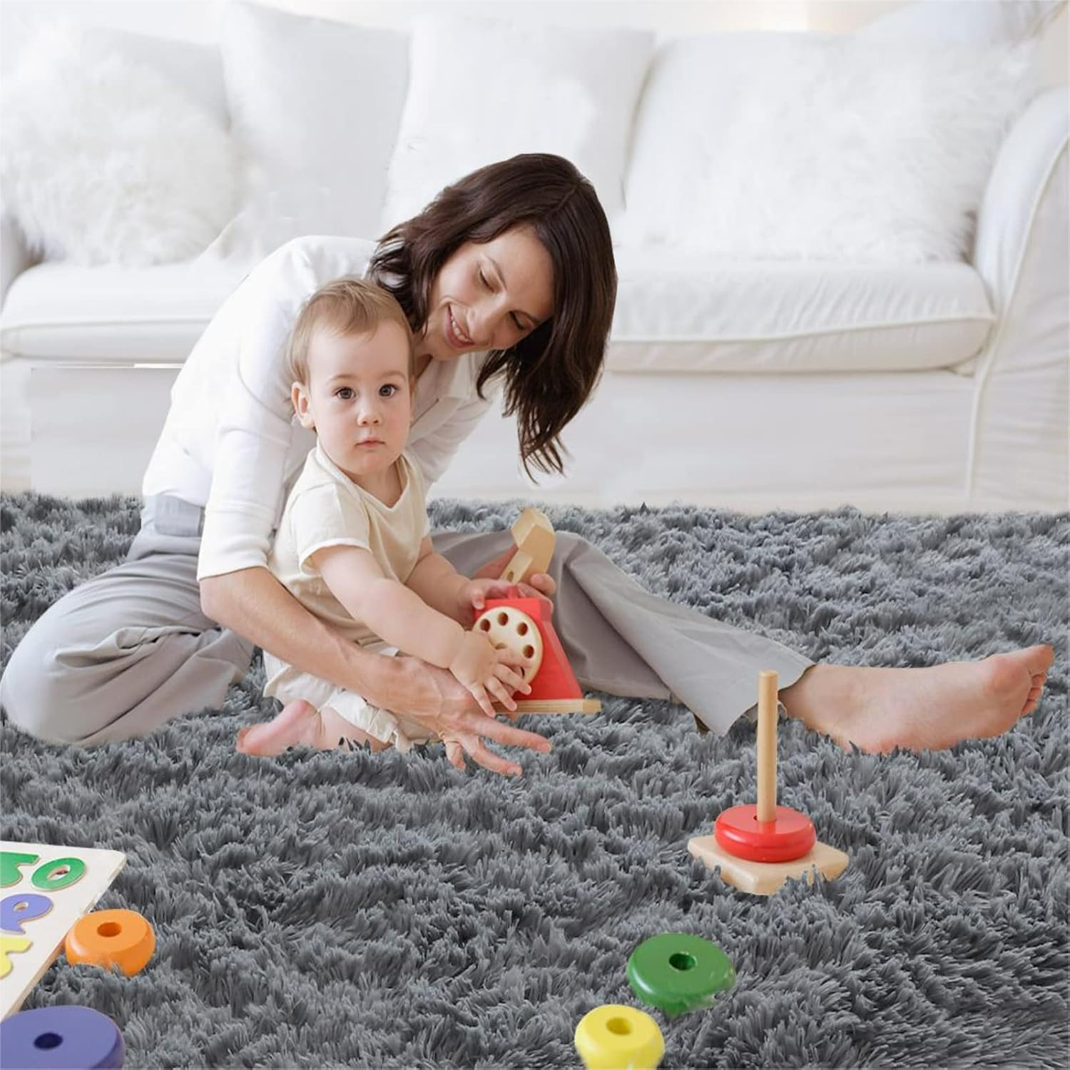 Grey Area Rug for Living Room: Indoor Ultra Soft Shag Plush Rugs for Bedroom – N