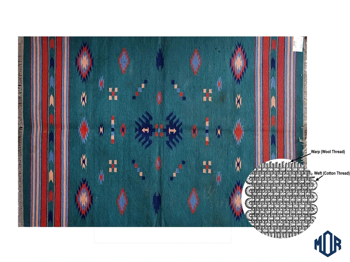 Handmade Wool Kilim Rug 4×6 Ft Green Aztec Indian Dhurrie Area Rug