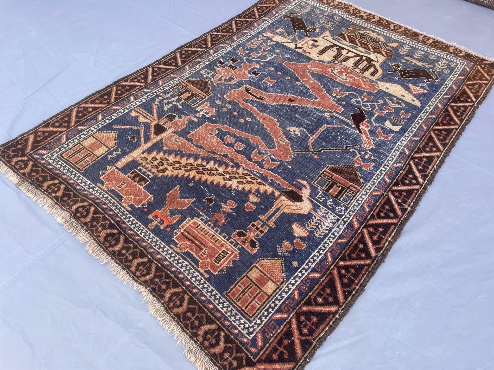 3×4 Handmade Afghan Pictorial Rug Wool Tribal Village Animal Scene Oriental