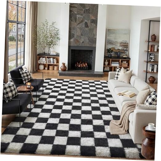 Checkered Rug 8×10 for Living Room, Black and White Modern Shag Rugs Super