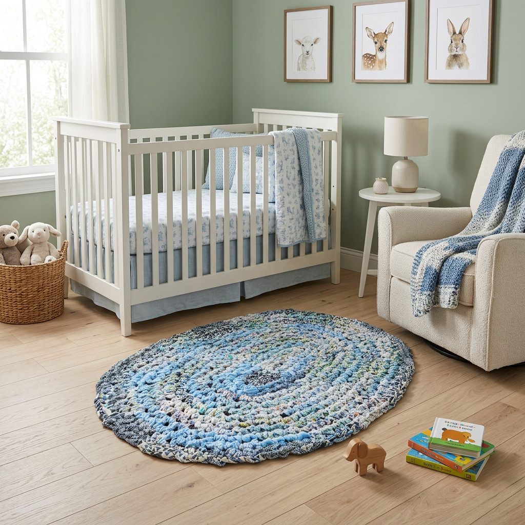 Amish Knot Rug in Shades of Blue Crocheted Cotton Broadcloth Strips 24″ – 34″