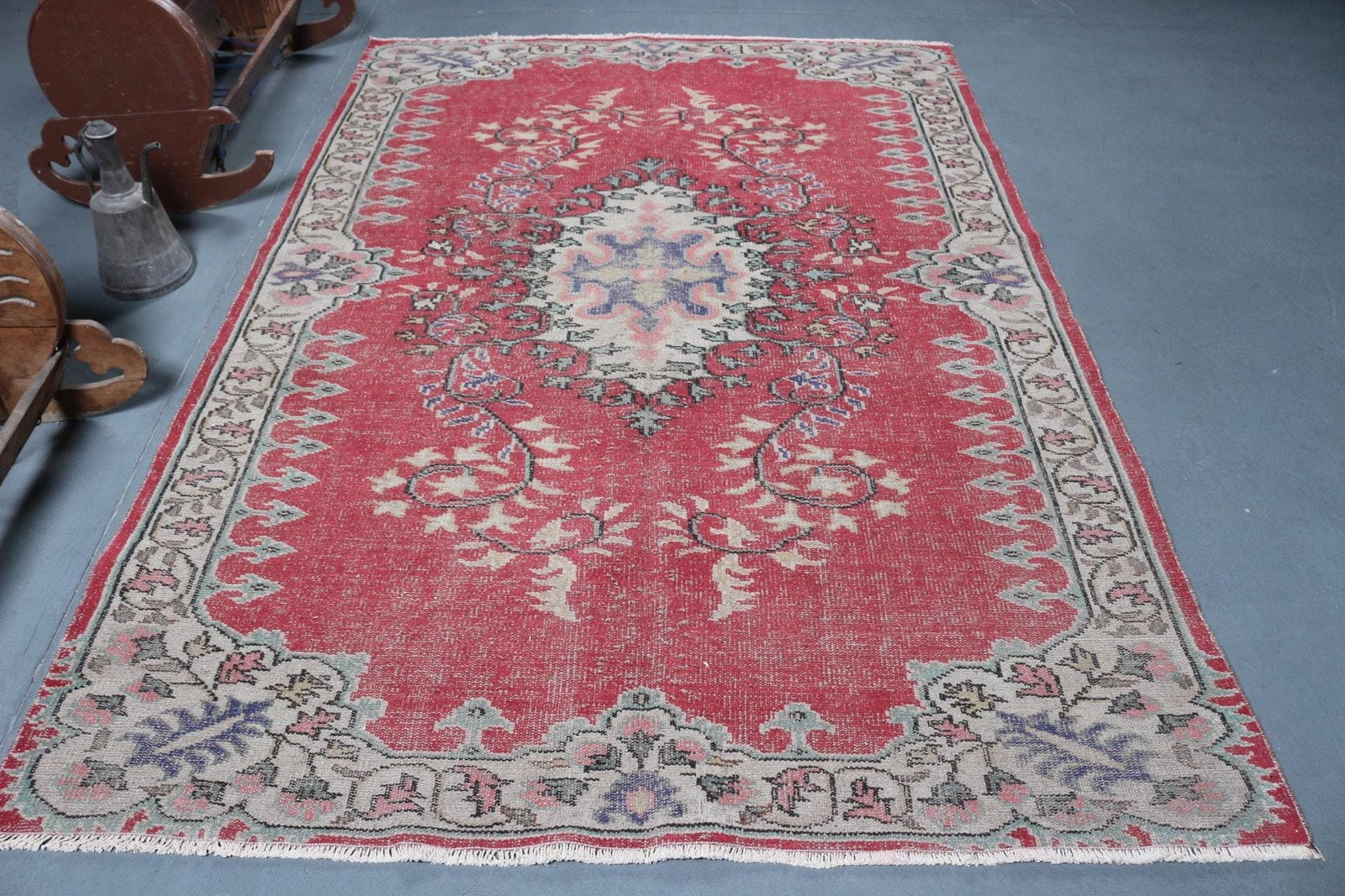 Turkish Rug, 5,7×8,5 ft Large Rug, Red Southwestern Wool Vintage Rug