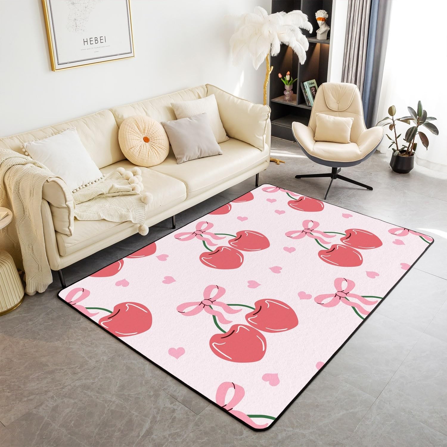 Girls Red Cherry Area Rug 3×5,Cute Bowknot Fruit Cherry Living Room Rugs for …