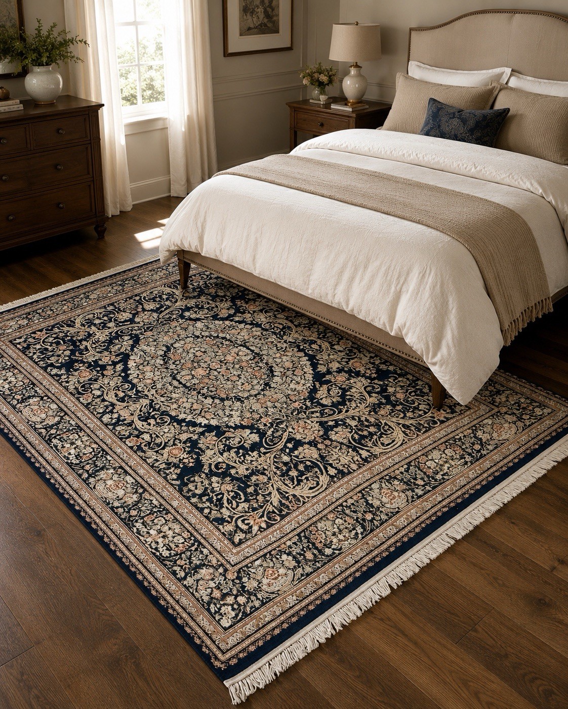 Pakistan Hand Knotted Wool Area Rug 8’ x 10’ Navy Savonnerie Rare Floral Carpet