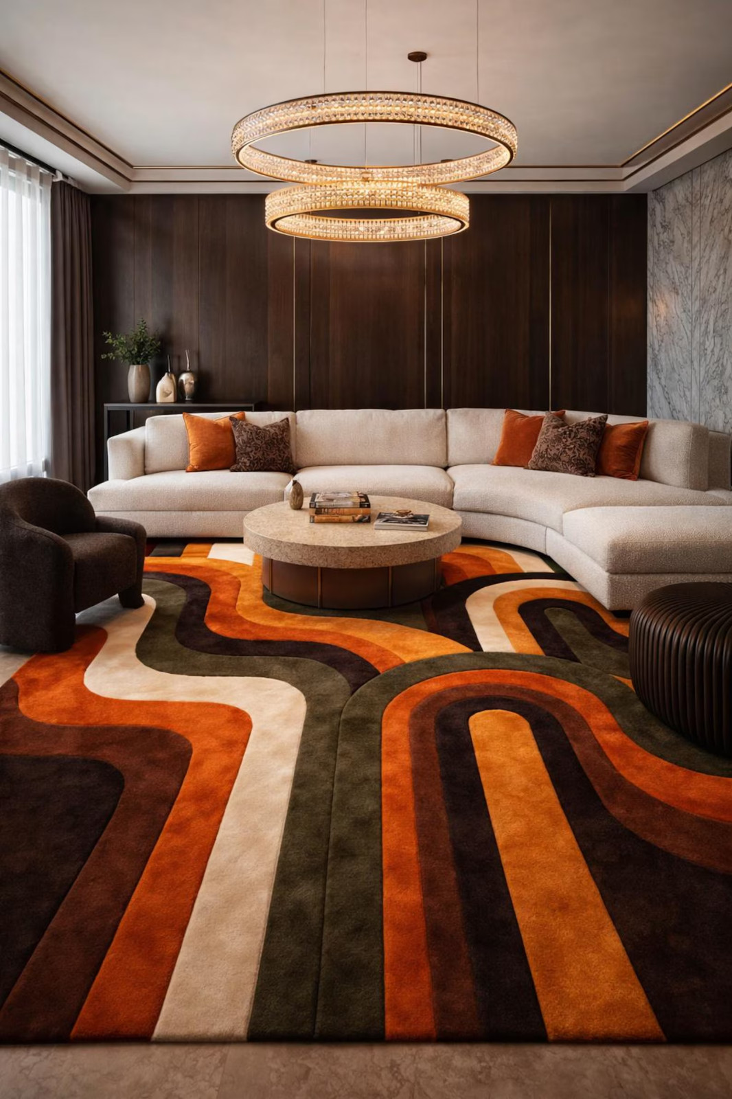Retro Geometric Wool Rug – Mid Century Modern Earth Tone Floor Decor 8×12|9×15