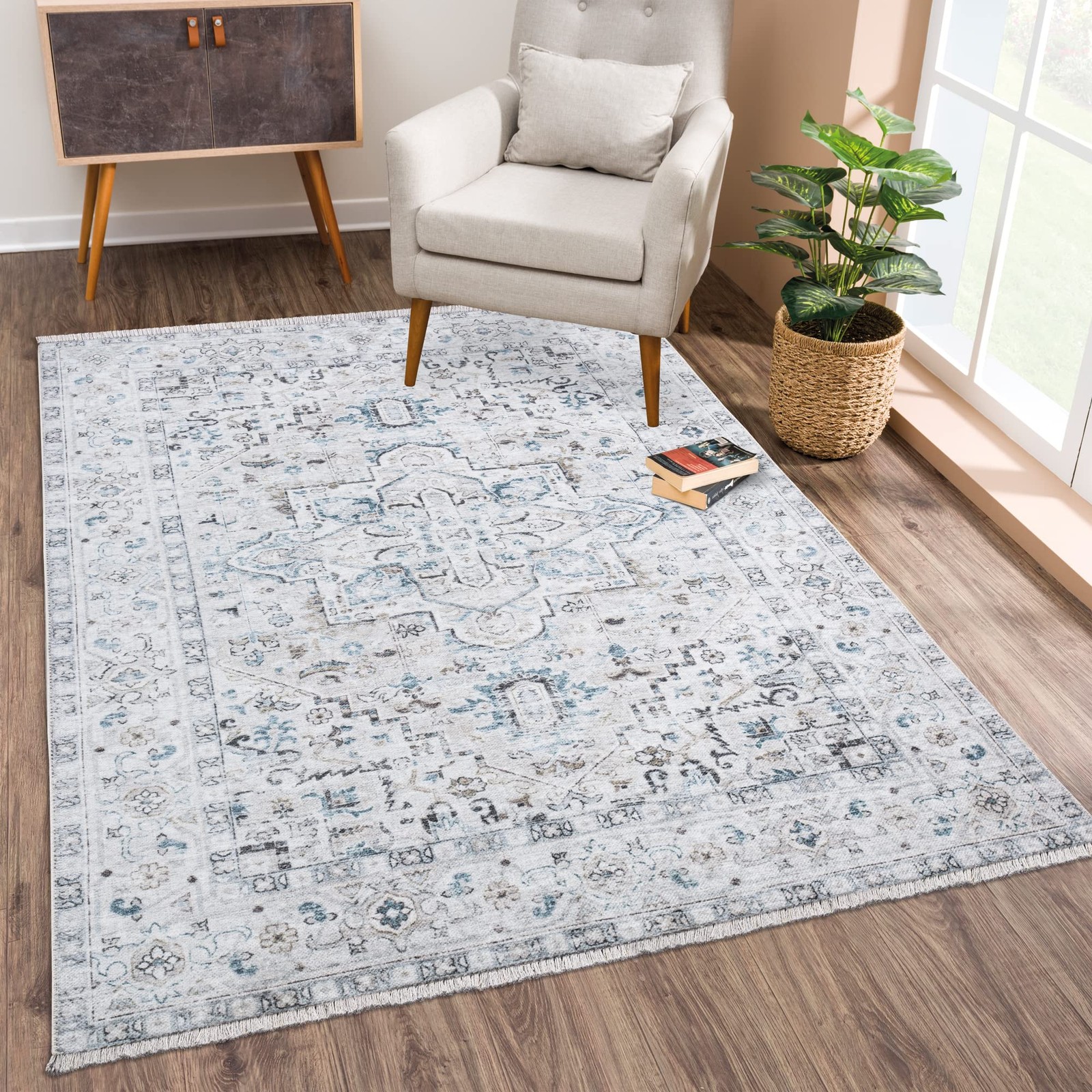 Washable Non-Slip 2×3 Rug – Seashell/Teal Blue Traditional Oriental Area Rug …