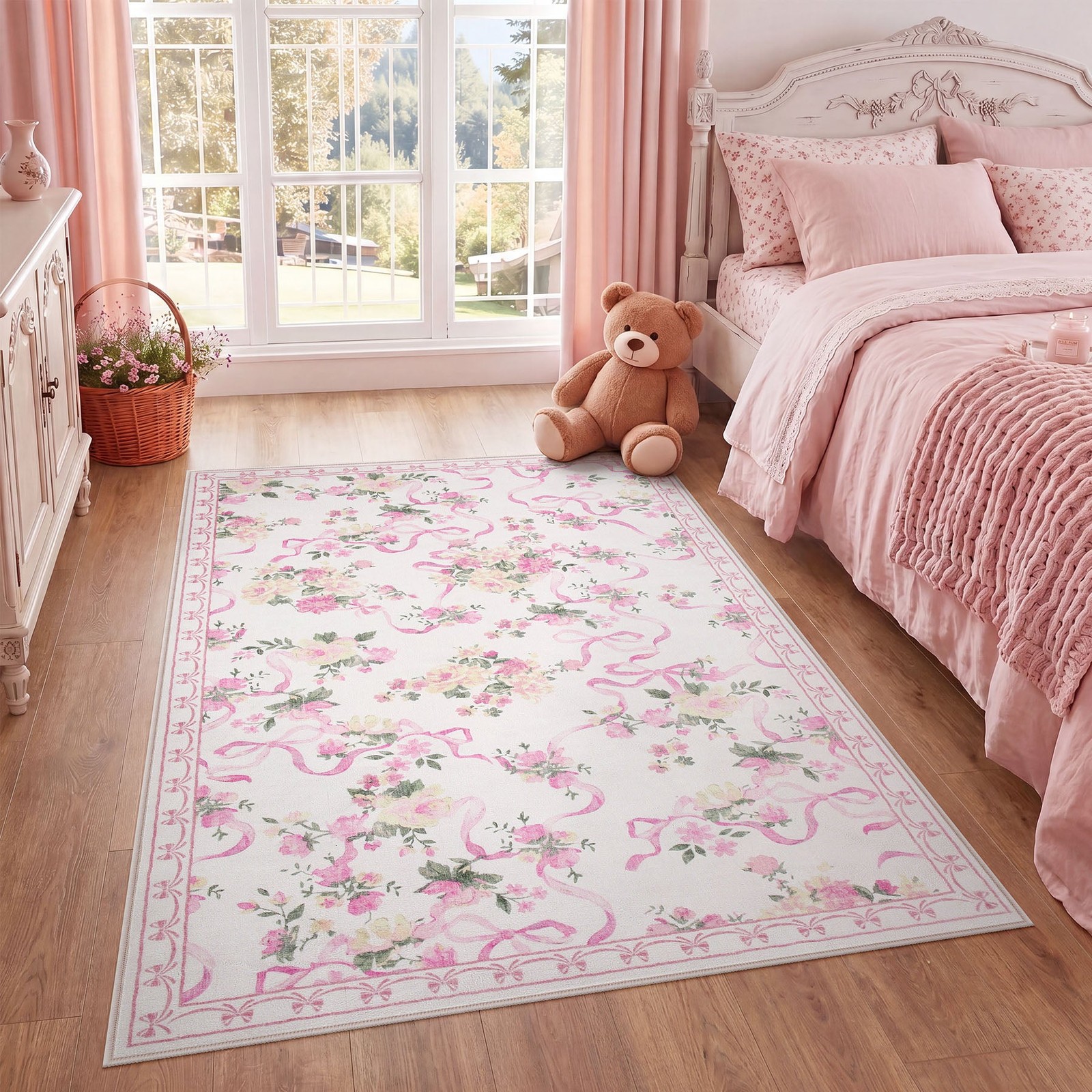 5X7/8X10 Washable Area Rug, Boho Floral Low Pile Non Slip Carpet for Living Room