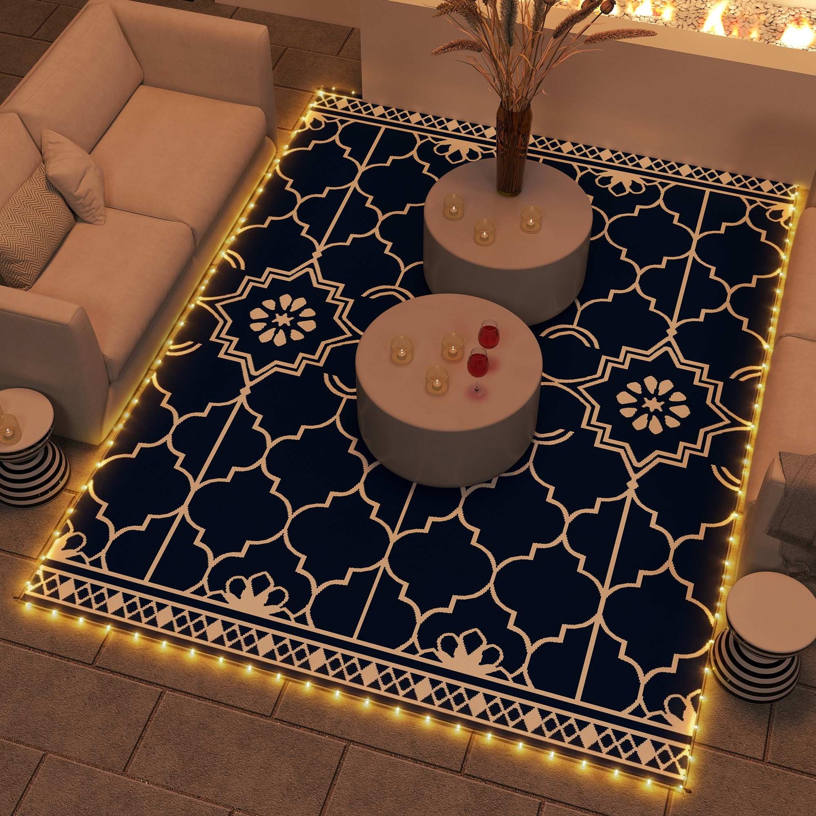 Outsunny Reversible Outdoor Rug Carpet with LED Lights, PP Straw Rug