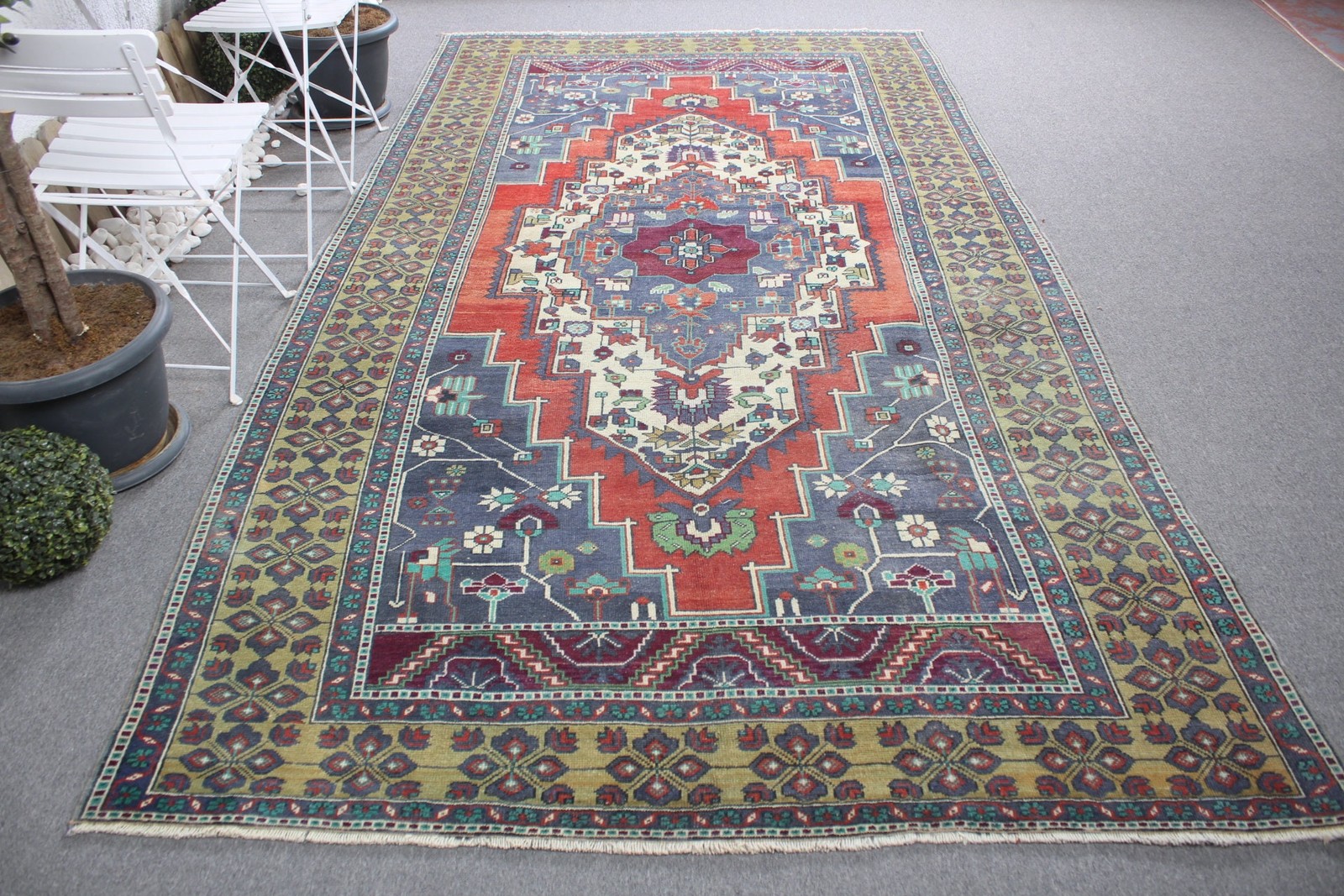 Vintage Turkish Rug 6×11,3 ft (184×344 cm), Blue Oriental Wool Rug