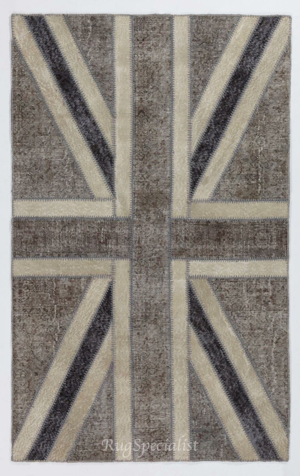 Union Jack British Flag Design Handmade Patchwork Rug in Gray, Black and Cream