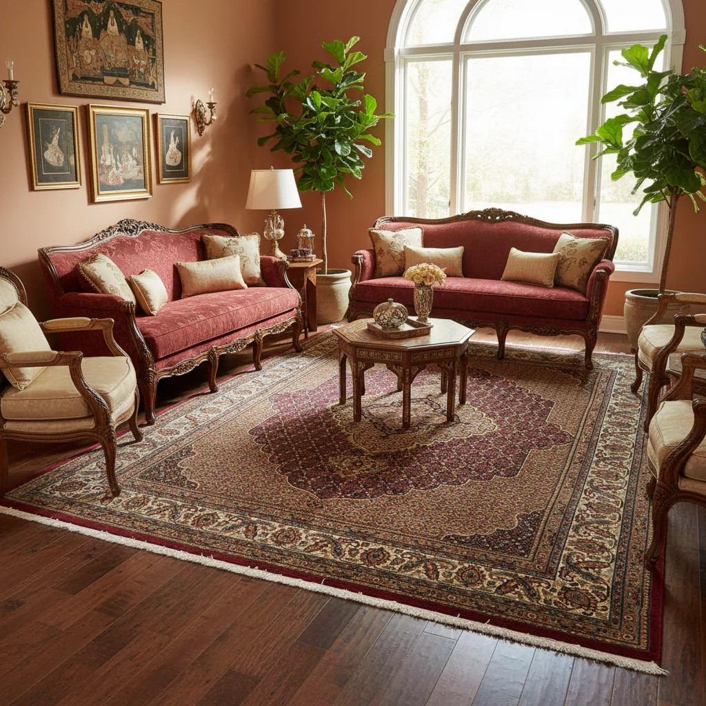 6.6 x 8.3 Wool and Silk Hand-Knotted Tabriiz Mahii Herrati Area Rug #F-3070
