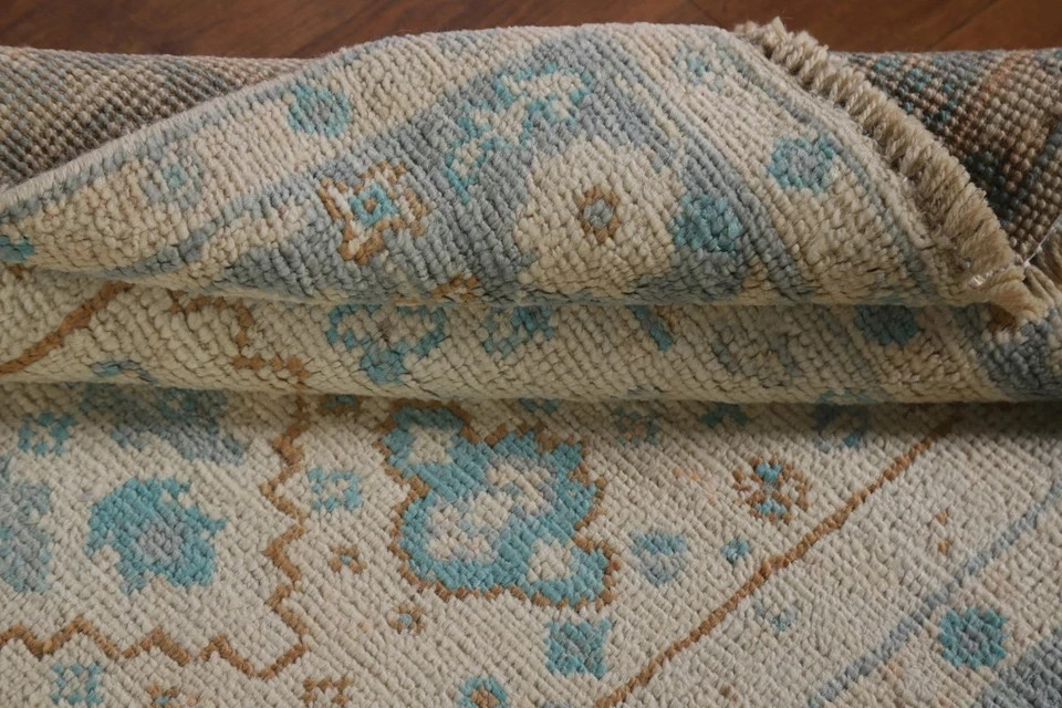 Hand Knotted Oushak Wool Rug Vintage Turkish Floral Light Blue Cream Area Carpet