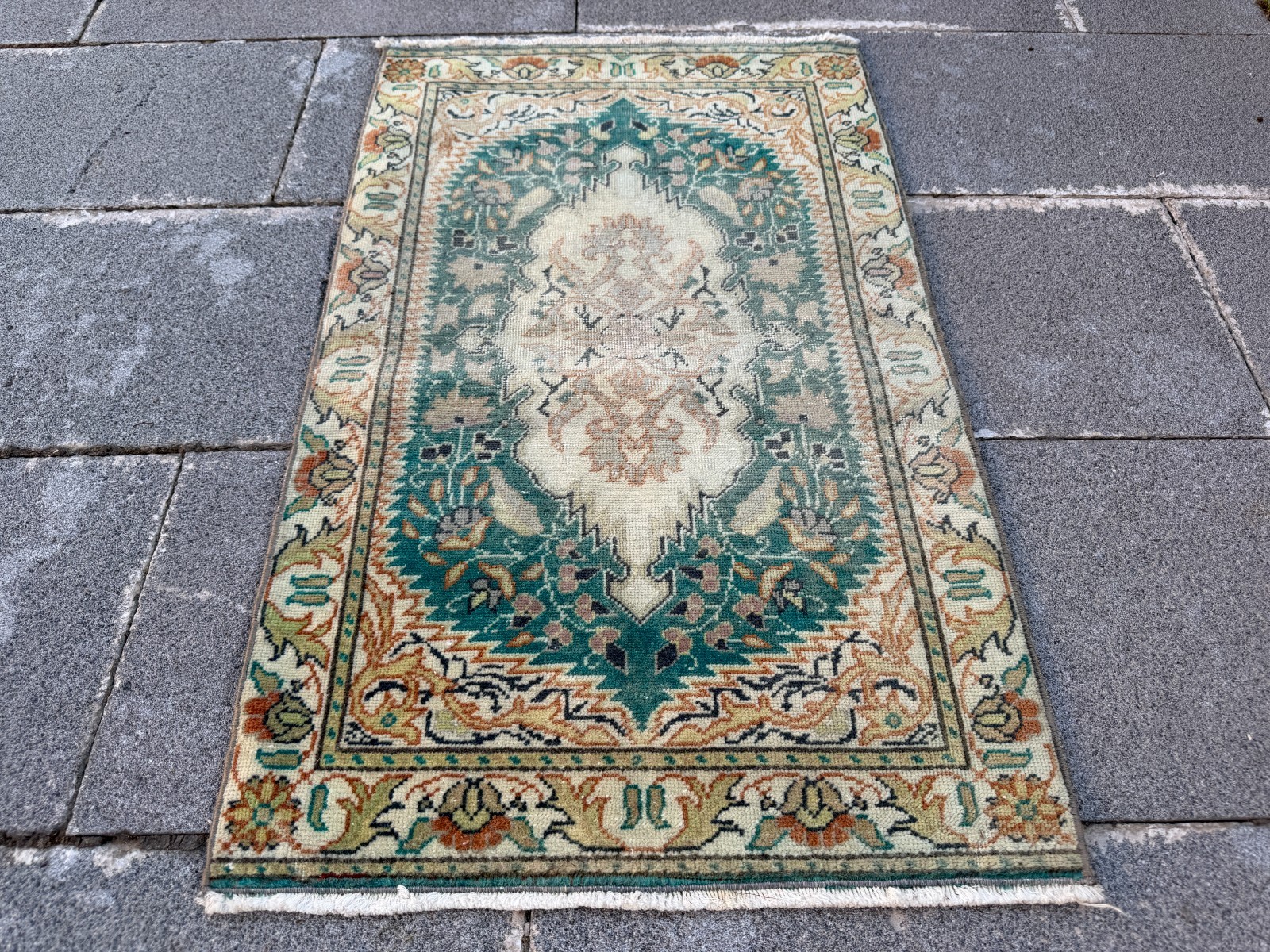 Mint Green Kayseri Rug 1.8×3 ft Vintage Floral Turkish Wool Accent Carpet