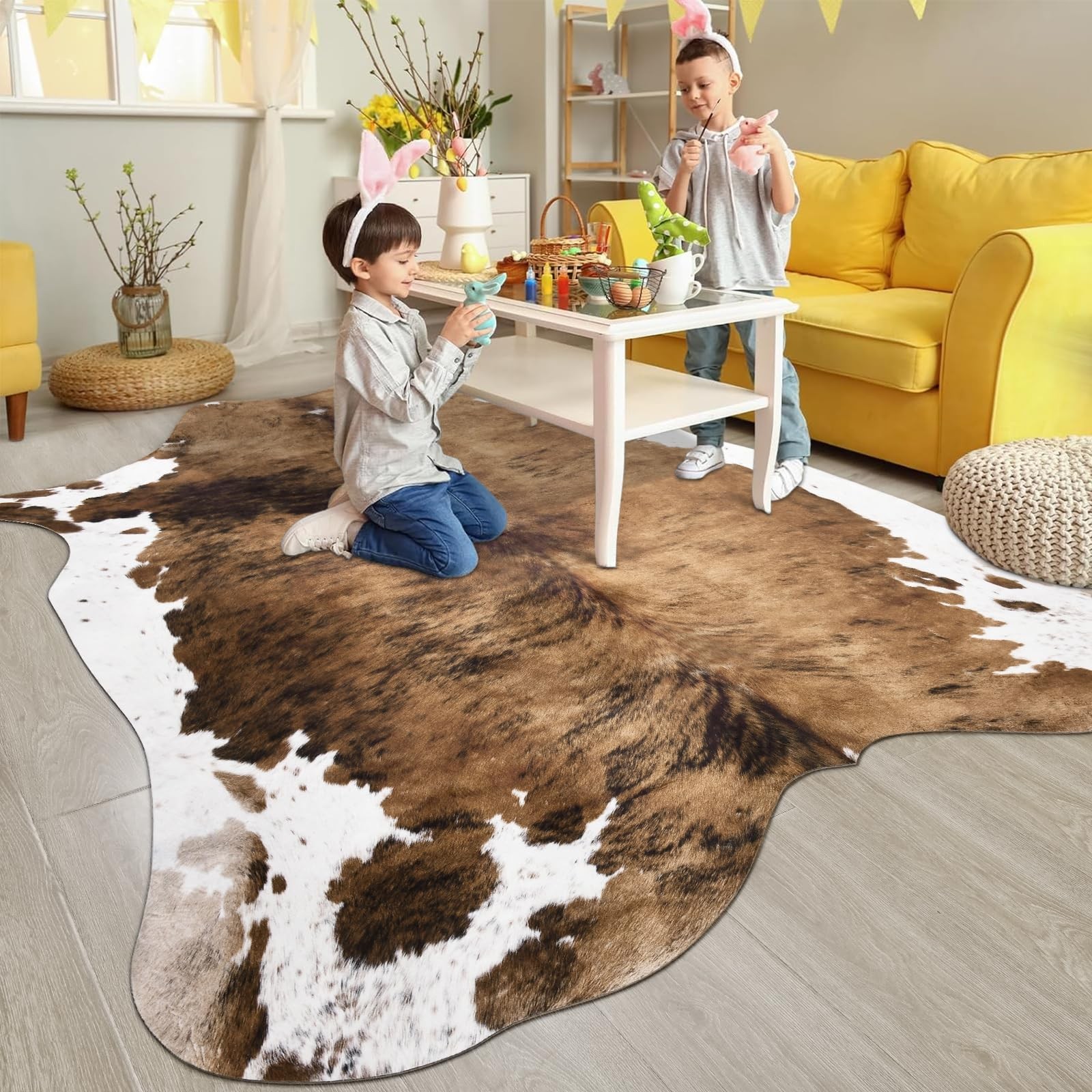 Luxury Faux Cowhide Rug 4.6X5.2 Feet Western Cow Print Area Rugs for Living Roo