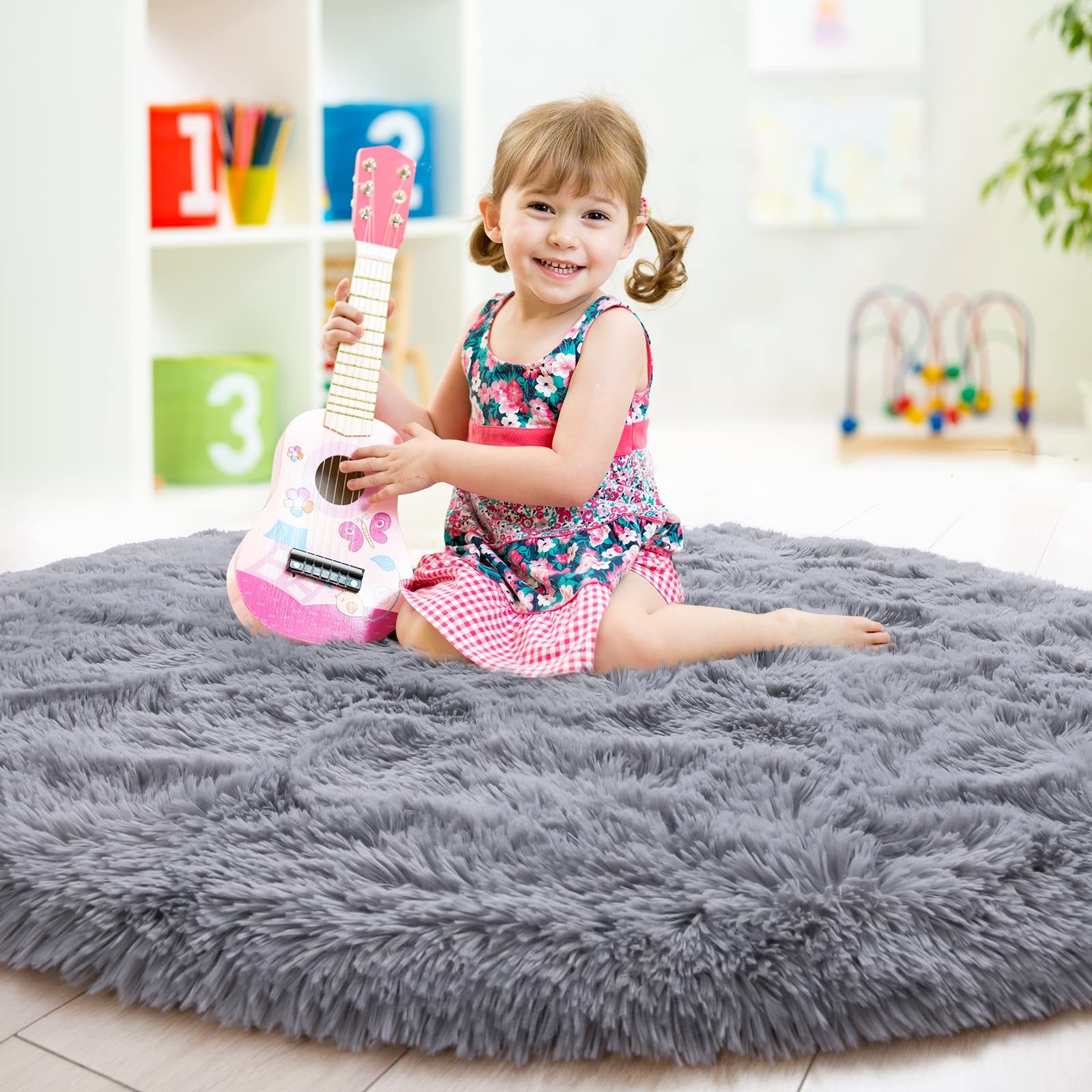 junovo Round Rug 4×4 Feet Fluffy Soft Area Rugs for Kids Girls Room Princess Cas