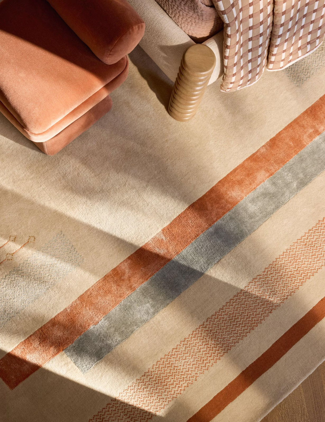 Hand Tufted Wool Rug – Abstract Border, Beige Rust Sage Green, Modern Carpet.