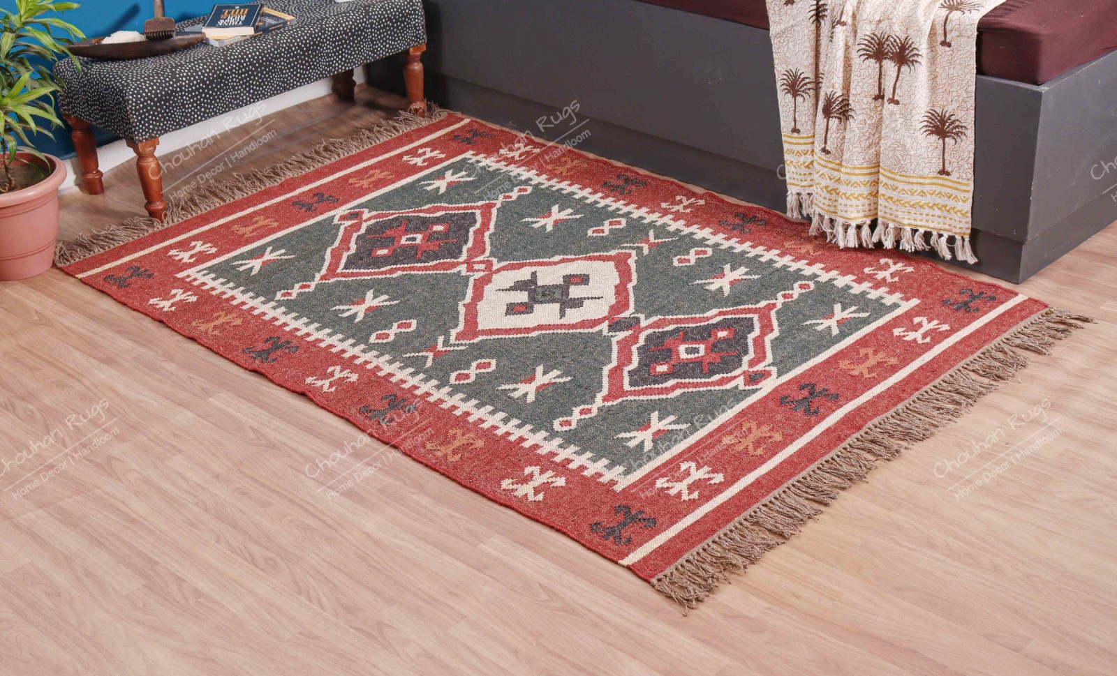Indian Handwoven Wool Jute Kilim Rug With Multicolor Design Rug Fringes Jute Rug