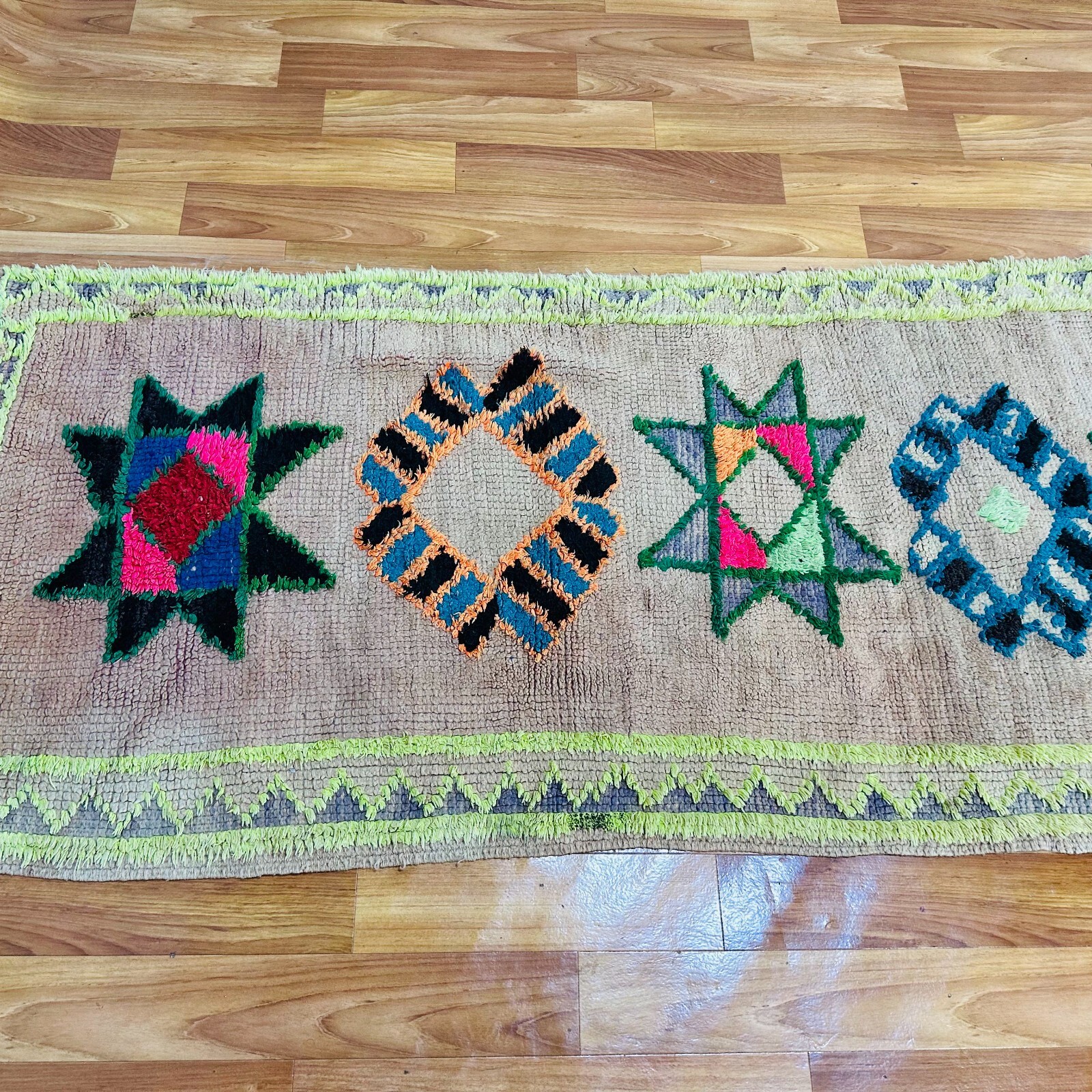 Bohemian Moroccan Shag Runner 32×126 in – Handmade Wool – Star Design Neon Accen
