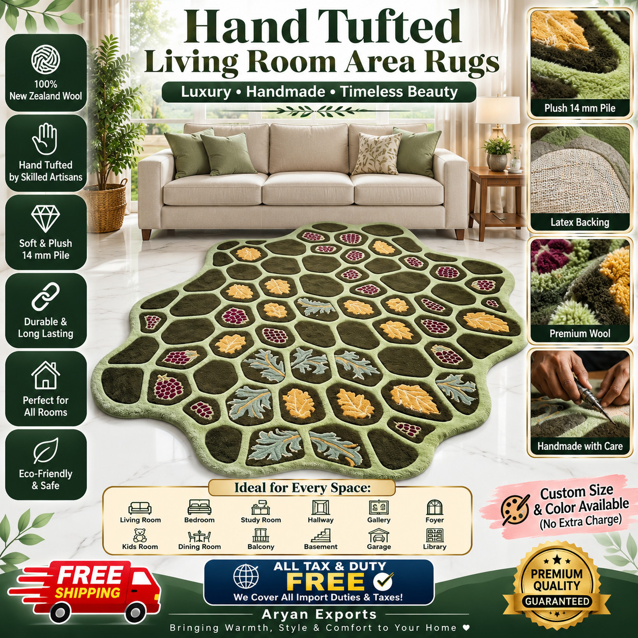 8×10 Green Hand Tufted Wool Rug Abstract Irregular Custom Soft Thick Carpet
