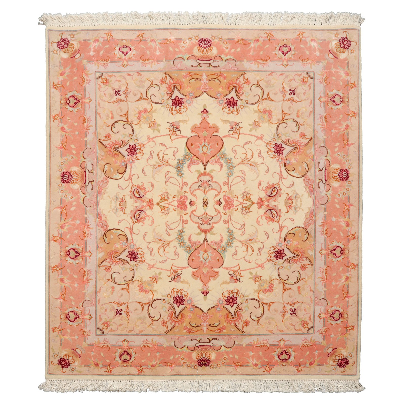 3’5”x3’10” Hand Knotted Wool & Silk Ivory Tabrizz Traditional 300 KPSI Rug