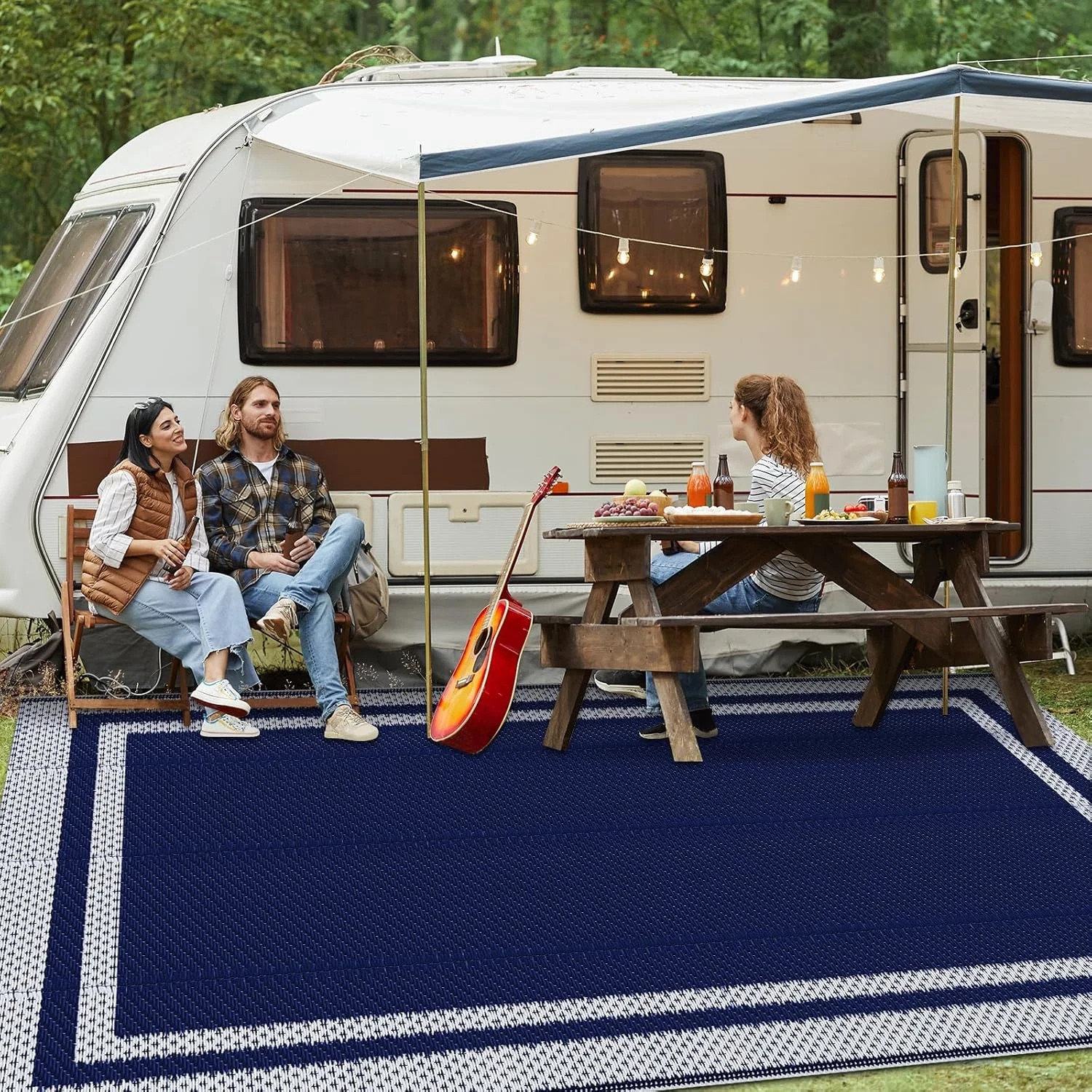 Outdoor Waterproof Reversible Patio Rug 5×8 Ft Camping RV Area Rug Blue White