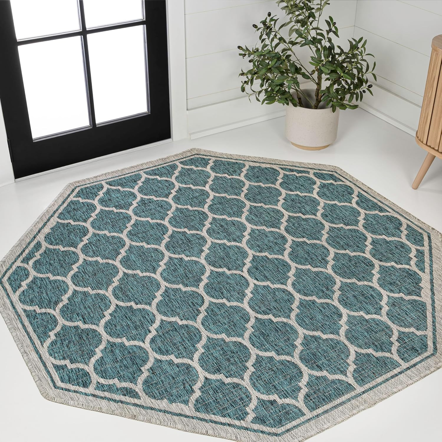 Teal/Gray Moroccan Trellis Octagon Area Rug 8ft – Pet-Friendly & Easy-Clean