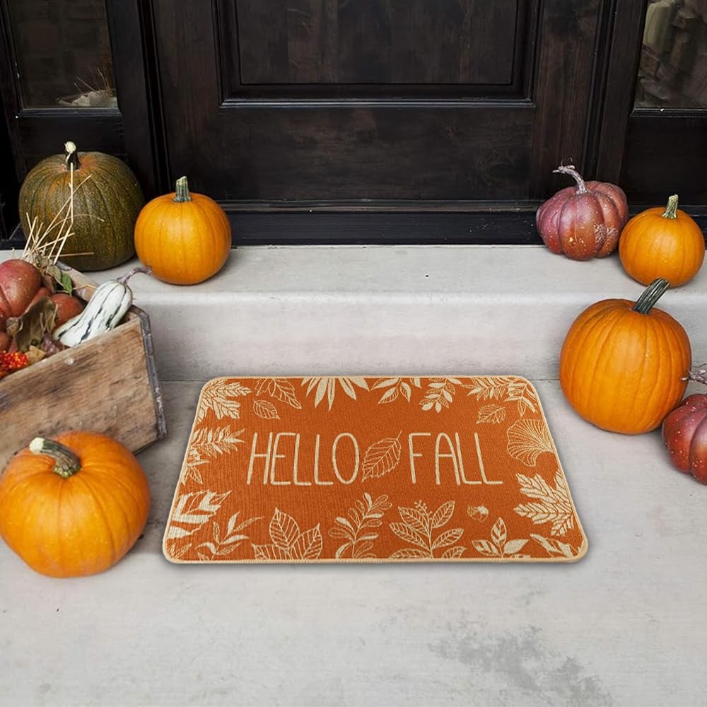 Hello Fall Door Welcome Mat, Autumn Thanksgiving Orange Outdoor Rug Leaves De…