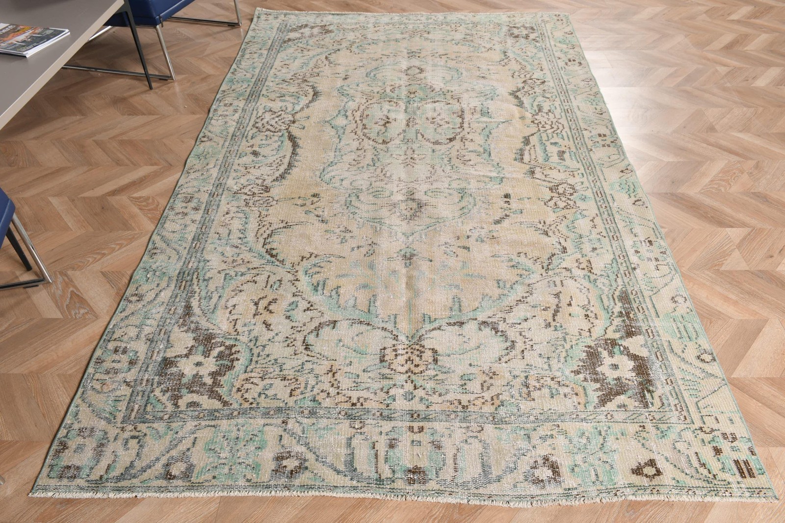 Turkish Vintage Large Rug 5,2×9 ft, Blue Brown Camouflage Wool Rug