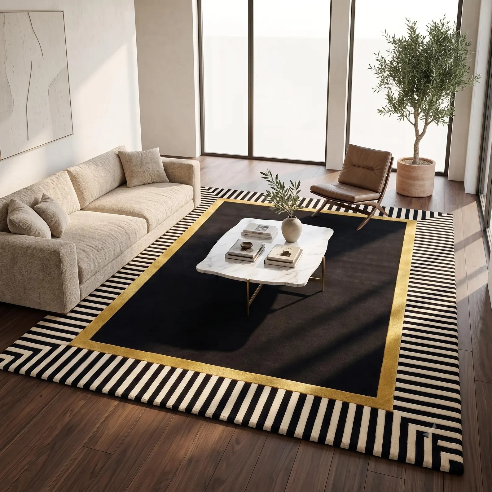 Hand Tufted Art Deco Area Rug |Black and White Striped Carpet with Gold Border |