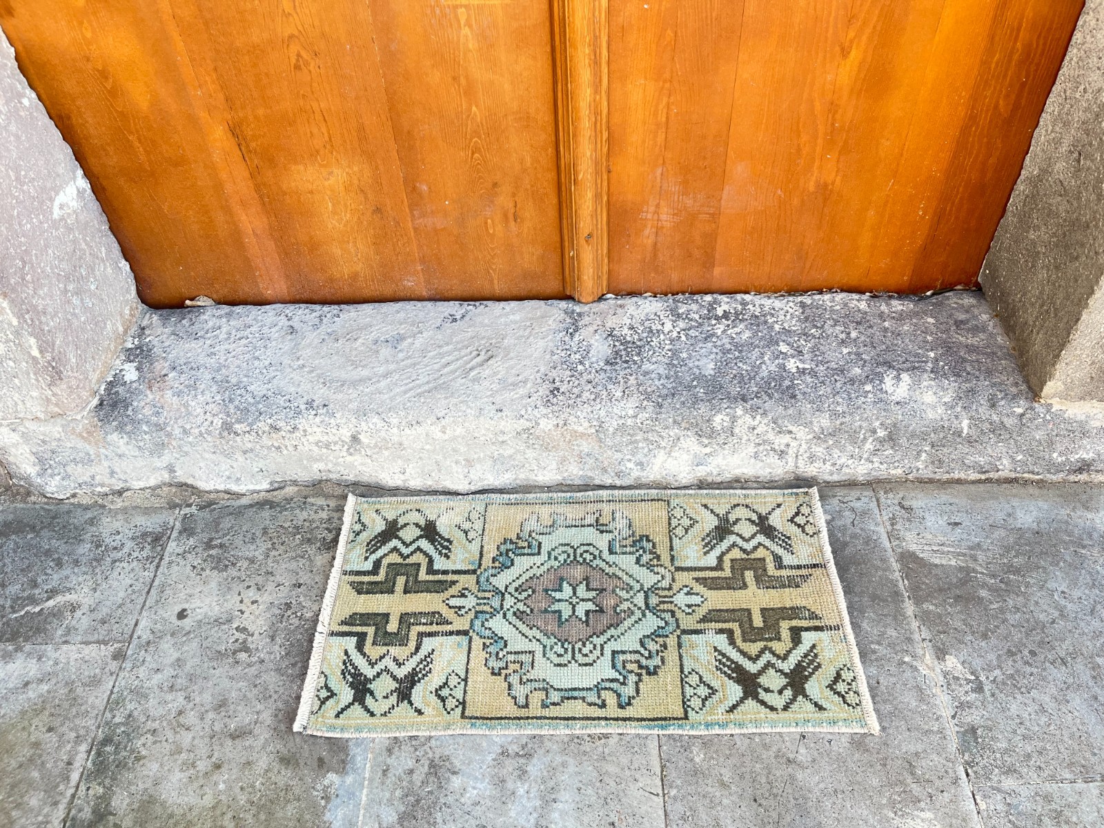 Vintage Turkish Rug 1.3×2.6 ft Hand-Knotted Pastel Wool Door Mat Boho Accent Rug
