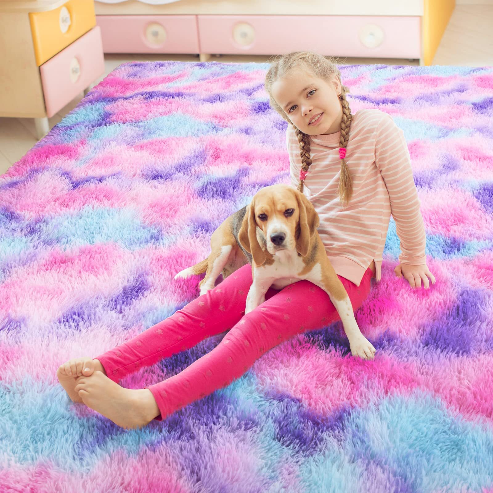 Soft Fluffy Rainbow Area Rug Ideal for Girls’ Bedrooms Hot Pink 4×6 Feet