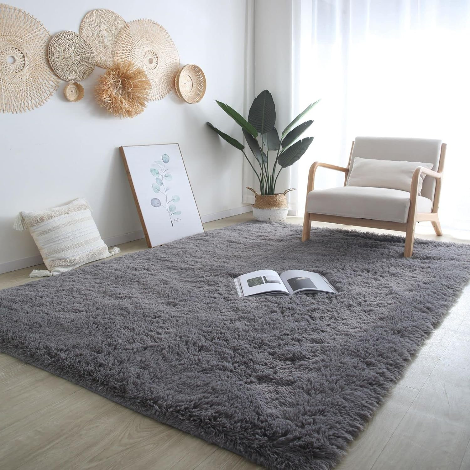 Grey Area Rug for Living Room: Indoor Ultra Soft Shag Plush Rugs for Bedroom – N