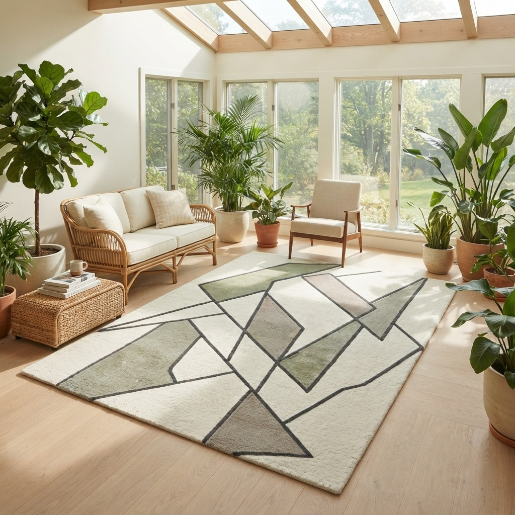 Hand Tufted Wool Area Rug Modern Geometric Abstract Carpet Ivory Green Handmade