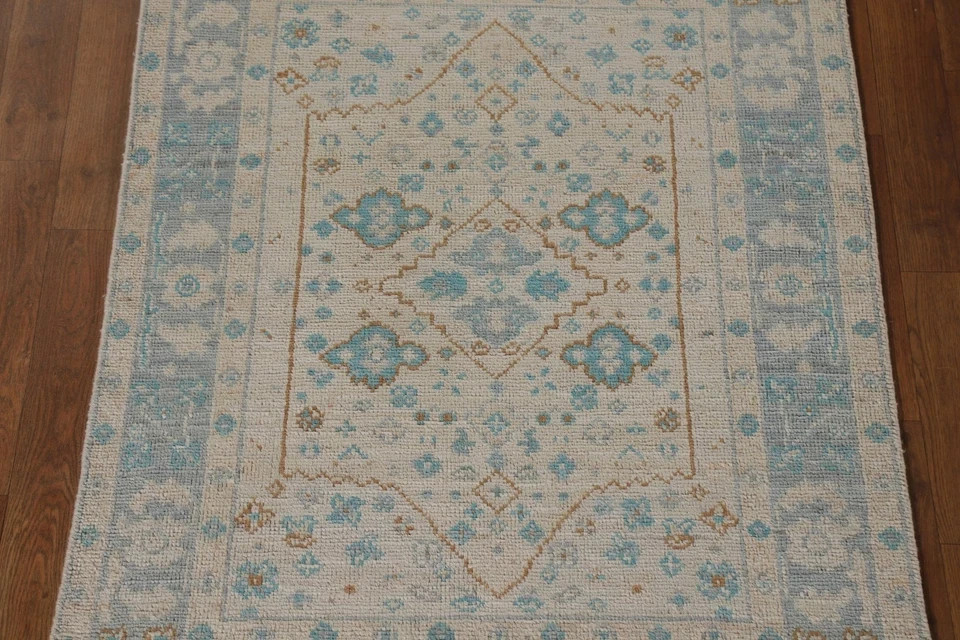 Hand Knotted Oushak Wool Rug Vintage Turkish Floral Light Blue Cream Area Carpet