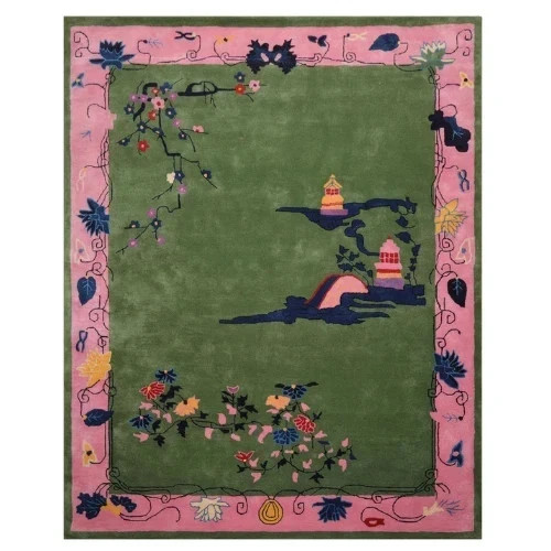 Green Hand Tufted Pictorial Area Rug Multi Sizes Chinese Art Deco Carpet 8×10