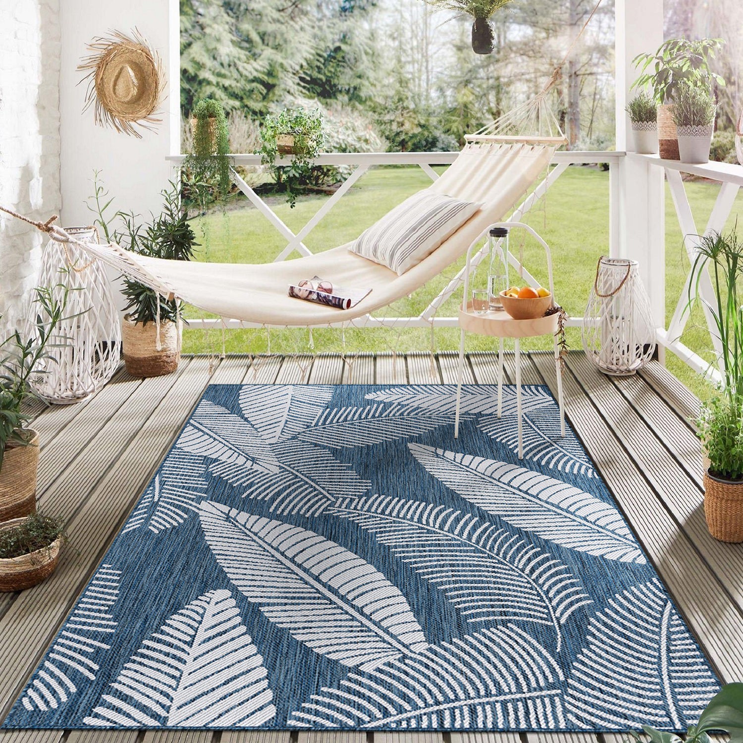 Rugshop Out Door Rugs Distressed Palm Leave Textured Indoor Outdoor Carpet Navy